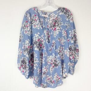 Rebecca Taylor‎ Shirt Womens 6 Blue Floral 100% Silk Blouse Long Sleeves Ladies